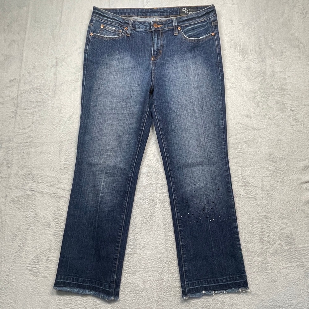 Donna Longo Jeans Women 8 Blue Dark Wash Rhinestone Raw Hem Straight Leg